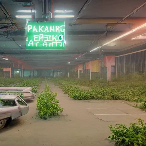 Image similar to a indoor abandoned parking lot with overgrown plants and a human farm, neon, cyberpunk, art by Simon Stalenhag, cinematic, 4k