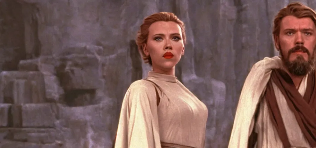 Image similar to a still of Scarlett Johansson as obiwan kenobi on tatooin in Star Wars (1977)