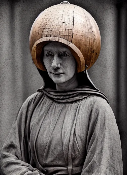 Image similar to realistic photo portrait of a a medieval wooden sculpture of a female monk dressed wearing in white spherical hat helmet made of wood, sci - fi, greyscale 1 9 9 0, life magazine photo, natural colors,