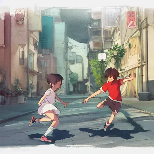 Prompt: a wholesome animation key shot of children, kicking a soccer ball in the street, studio ghibli, pixar and disney animation, sharp, disney concept art watercolor illustration by mandy jurgens and alphonse mucha and alena aenami, pastel color palette, dramatic lighting