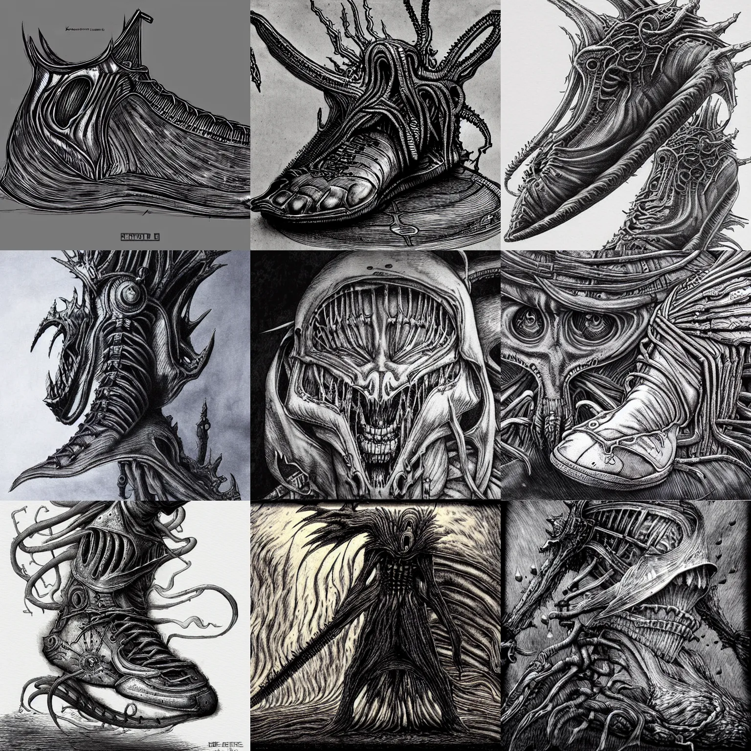 Prompt: sneaker design, by hr giger, kentaro miura, bloodborne, dark souls,