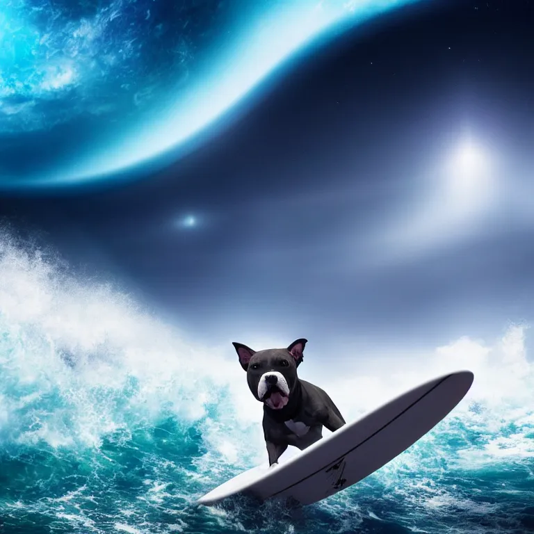 Image similar to photo of a dark gray coat pit bull with a white paws, surfing on a surfboard in a crashing wave of alien ocean in space, background is an alien galaxy, aliens in the background, alien colors, octane render, unreal engine, wide view, 8 k, high detaild