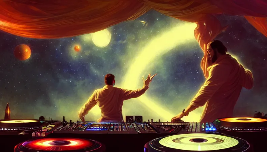 Prompt: Wide shot of a man djing under the galaxy, digital art, artstation, hyperrealistic, 4k, unreal engine, octane render, trending on artstation, art by Artgerm and Greg Rutkowski and Alphonse Mucha