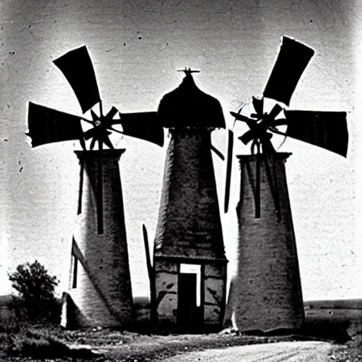 Image similar to worshippers dressed in robes belonging to the cult of the windmill. Dilapidated 1800s windmill. Old windmill. 1800s photo.