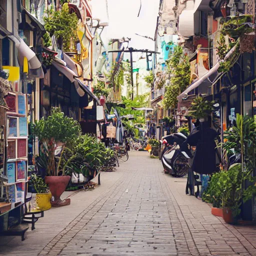 Prompt: solarpunk shopping street