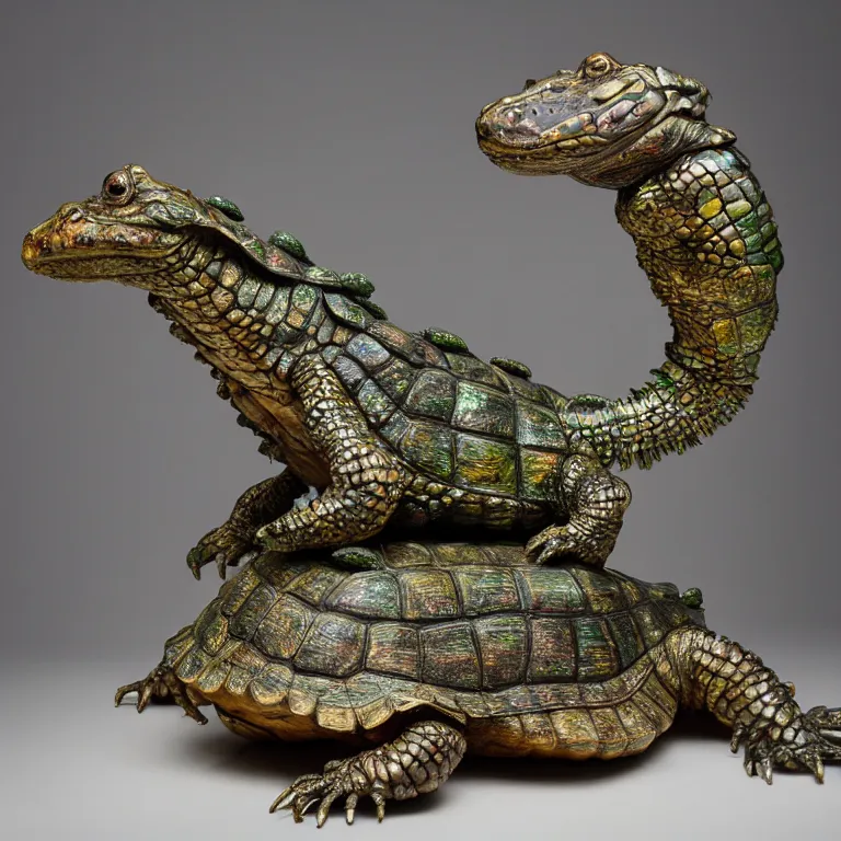 Image similar to hyperrealistic sculpture of a bronze fossilized alligator tortoise dusted with iridescent spraypaint and ferns in a nylon grid cage on a pedestal by ron mueck and duane hanson and lee bontecou, hyperrealistic dramatic colored lighting trending on artstation 8 k