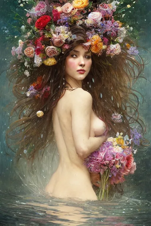 Image similar to portrait of a beautiful mysterious woman holding a bouquet of flowing flowers, wet dripping long hair, hands hidden under the bouquet, emerging from the water, fantasy, regal, intricate, by stanley artgerm lau, greg rutkowski, thomas kindkade, alphonse mucha, loish, norman rockwell