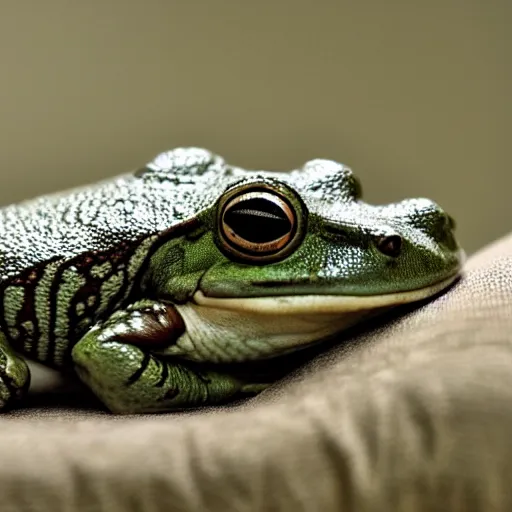 Prompt: sleeping frog on a small bed, photography,