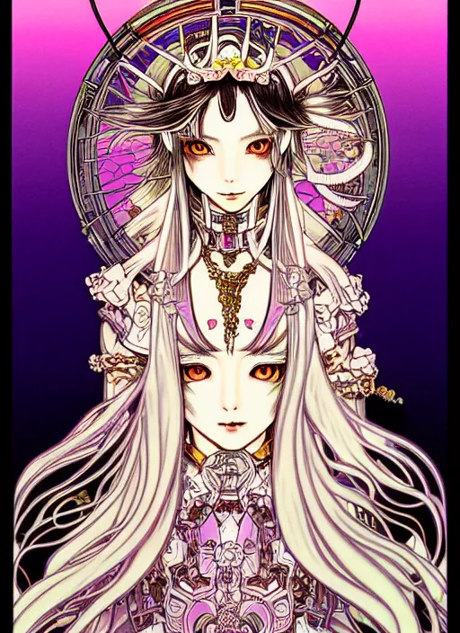 Image similar to highly detailed terada katsuya minaba hideo atrstation manga poster of princess mechine, face by aregerm, rainbow gradient reflection, long hair, armor, dress, laces, ruffles, 8 k, maximalist, legend of the cryptids, alphonse mucha