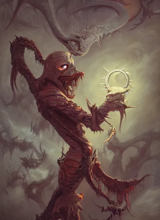 Image similar to a vampire with a sea lamprey mouth, in the styles of peter mohrbacher, gerald brom, and marc simonetti, intricate, hyperrealistic, volumetric lighting