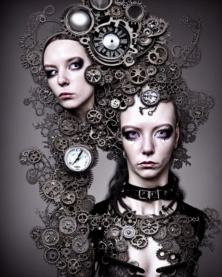 Image similar to highly detailed photo full body portrait of complex bio-mechanical beautiful young female demonic cyborg with a Mandelbrot fractal steampunk metal fine lace face, retrofuturistic depressing hopeless horrific vibe, radiating dark energy aura, curled silver hair and a fine metal floral foliage super big lace collar by Alexander McQueen:: high fashion, haute couture, rococo, steampunk, silver filigree details, anatomical, facial muscles, cable wires, microchip, elegant, hyper realistic, 150 mm lens, soft rim light, octane render, unreal engine, volumetric lighting, 8k, muted reflective metallic coloring, sharp focus