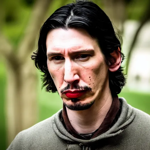 Image similar to A cinematic film still of Adam Driver starring as the man with no name from Game of Thrones, portrait, 40mm lens, shallow depth of field, split lighting, cinematic