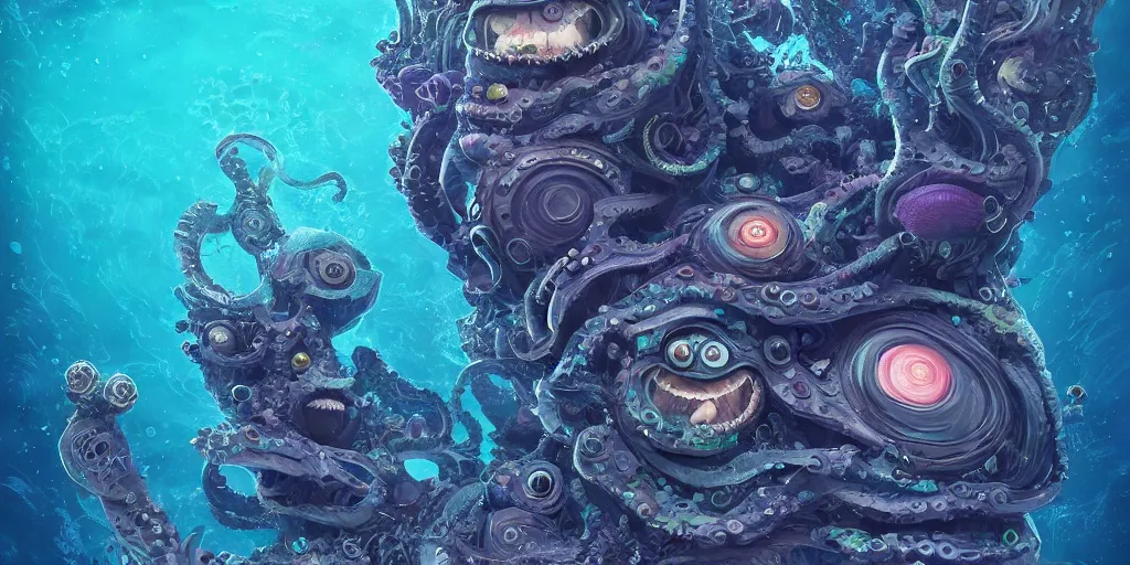 Image similar to of an intricate deep sea with strange cute friendly happy creatures with huge eyes, long tongue, round teeth and goofy funny face, appearing from the background, in the style of gehry and gaudi, macro lens, shallow depth of field, ultra detailed, digital painting, trending artstation, concept art, illustration, cinematic lighting, photorealism, epic, octane render