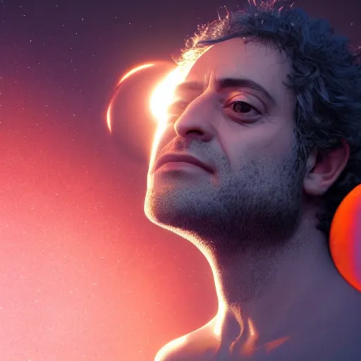 Image similar to gustavo cerati looking at the red moon in the universe, universe, stars, digital art, render unreal engine, octane render, highly detailed face, asymmetrical