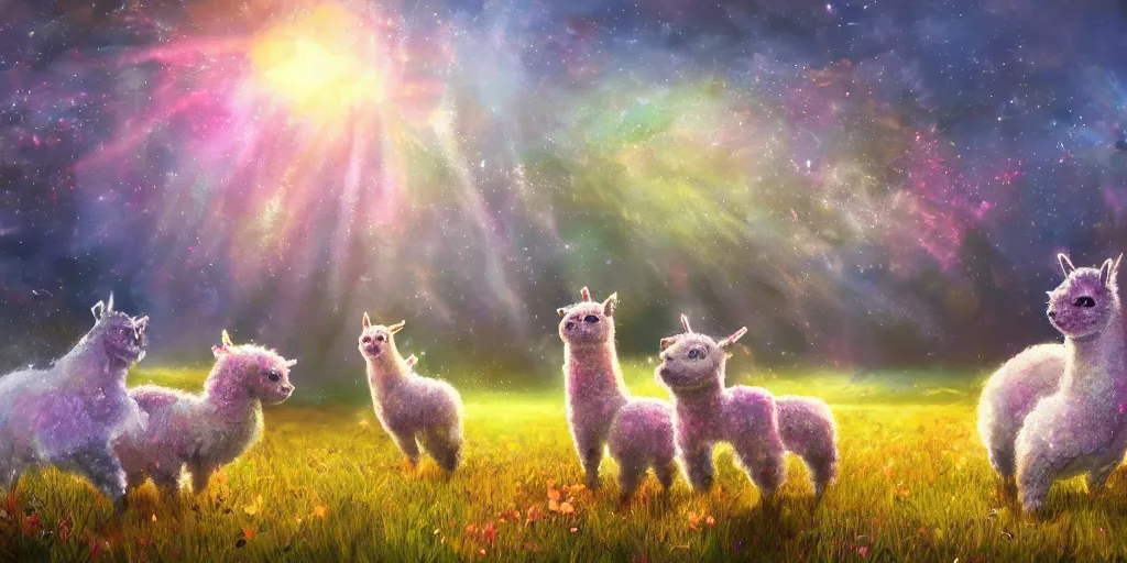 Prompt: magical fairy alpacas frolicking in a field, autumn, sparkles, light beams, digital art, oil painting, fantasy, 8 k, trending on artstation