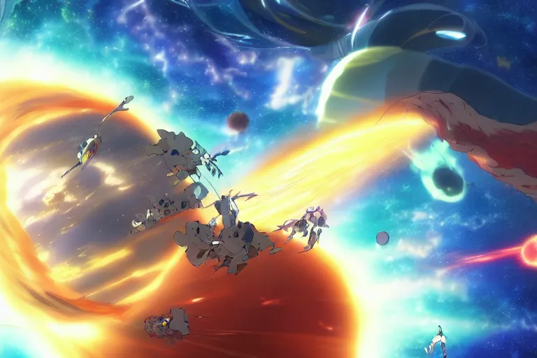 Image similar to Tonemapped Anime character splitting a gas giant in half like parting the Red Sea, with pack of Space Whales fly through an interdimensional rift! in background by (Hiromu Arakawa), Makoto Shinkai and (Cain Kuga)