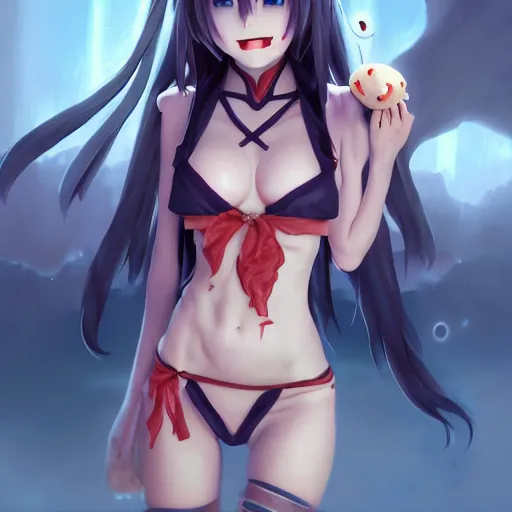 Image similar to anime portrait of a cute ghoul smiling as an anime girl, bikini, by Stanley Artgerm Lau, WLOP, Rossdraws, James Jean, Andrei Riabovitchev, Marc Simonetti, and Sakimichan, trending on artstation