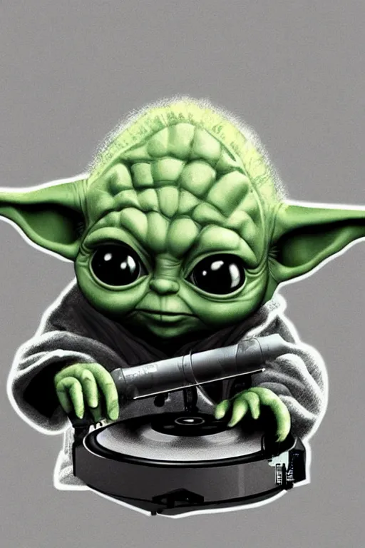 Image similar to baby yoda as a dj, turntable, hip hop, rapper, illustration, highly detailed, artstation, grogu