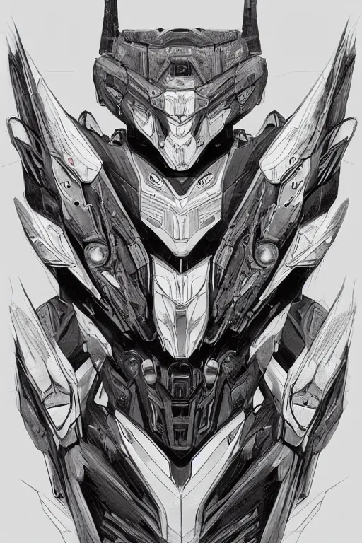 Prompt: very symmetrical!! full body illustrations of mecha, pen and ink, moderately detailed, concept art, wings, cyborg feathers, spread, cyborg wing, artstation, deviantart, pinterest