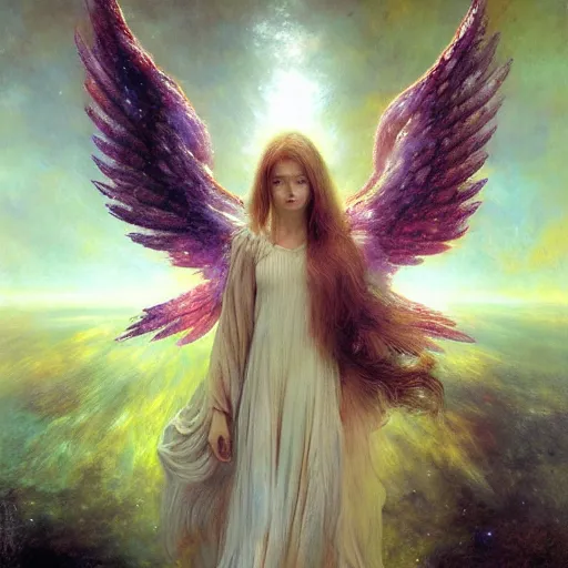 Image similar to UHD hyperrealistic photorealisitc, detailed cosmic robotic angel, with real wings, by Greg Rutkowski and Ayami Kojima, tonalism, rich deep colors masterpiece