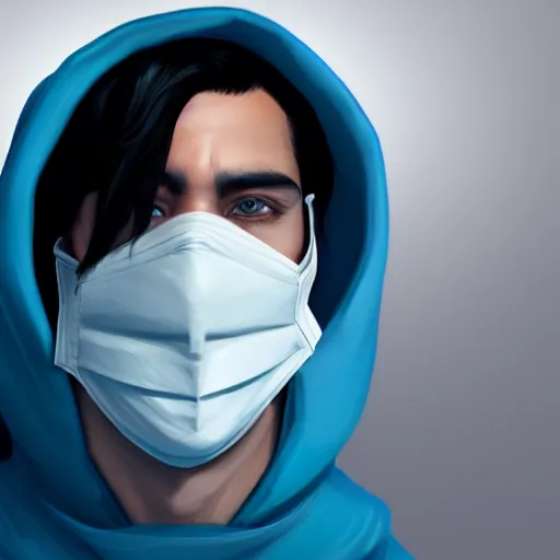 Image similar to a highly detailed, portrait of a man with black hair with a black medical mask, in a hood in the form of a blue shark with white teeth, artstation, DeviantArt, professional, octane render, digital art