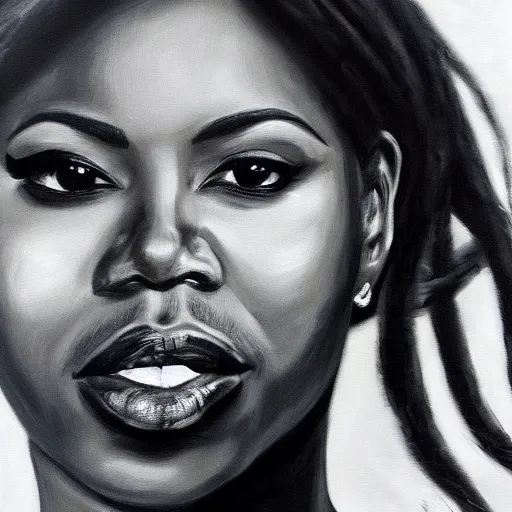 Image similar to oil painting portrait of Donda West, black and white, dramatic