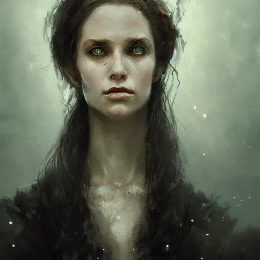 Image similar to young beautiful woman, glowing eyes, high detail, dramatic light, digital art, dark, painted by seb mckinnon and greg rutkowski, trending on artstation