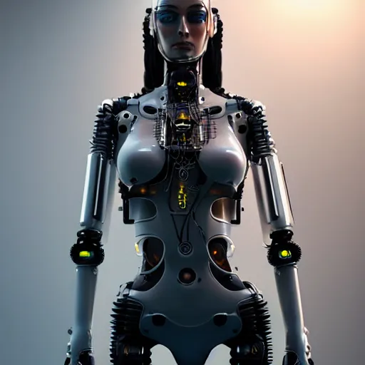 Image similar to Perfectly-Centered Portrait-Photograph of Mechanical Cyberpunk Female Android with Torso made out of wires, upper torso, upper body, intricate, elegant, super highly detailed, professional digital painting, artstation, concept art, smooth, sharp focus, no blur, no dof, extreme illustration, Unreal Engine 5, Photorealism, HD quality, 8k resolution, cinema 4d, 3D, beautiful, cinematic, art by artgerm and greg rutkowski and alphonse mucha and loish and WLOP