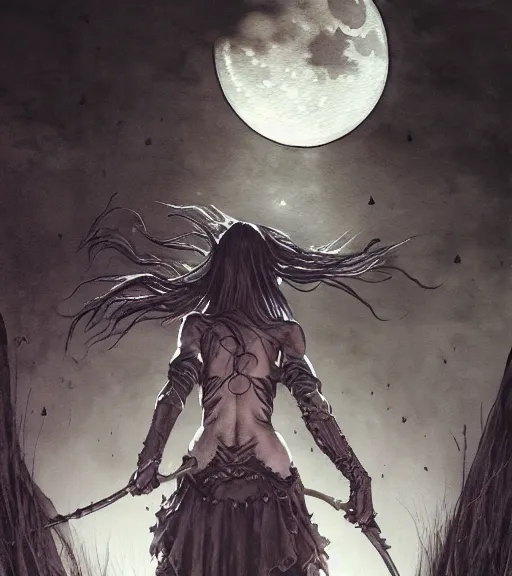 Prompt: book cover art, female dark witch in front of the full big moon, watercolor, dramatic lighting, cinematic, establishing shot, extremely high detail, foto realistic, cinematic lighting, pen and ink, intricate line drawings, by Yoshitaka Amano, Ruan Jia, Kentaro Miura, Artgerm, post processed, concept art, artstation, matte painting, style by eddie mendoza, raphael lacoste, alex ross