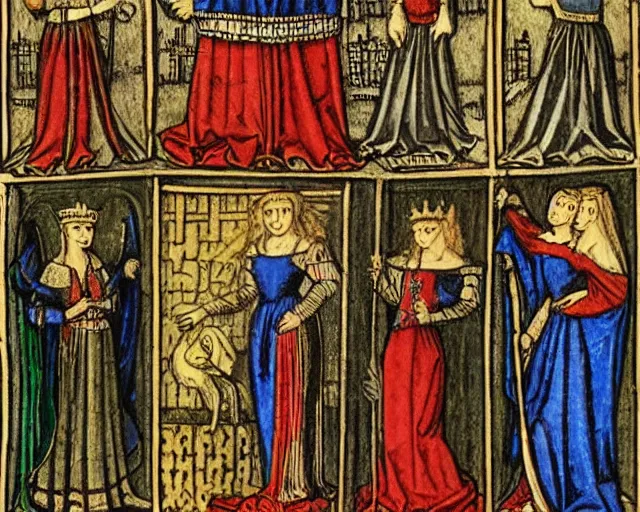 Image similar to lancelot and the four queens, medieval illustration,