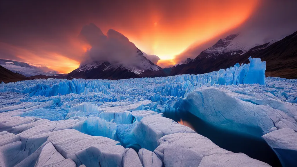 Image similar to amazing landscape photo of a glacier in sunset by marc adamus, beautiful dramatic lighting