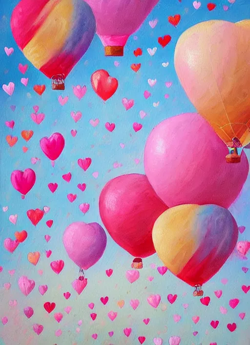 Image similar to detailed painting that is beautiful and whimsical with cotton candy clouds and balloon hearts and flowers inside