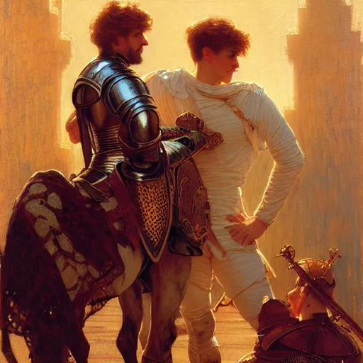 Image similar to attractive arthur pendragon and his attractive male knight, they are in love, natural lighting, path traced, highly detailed, high quality, digital painting, by gaston bussiere, craig mullins, alphonse mucha j. c. leyendecker