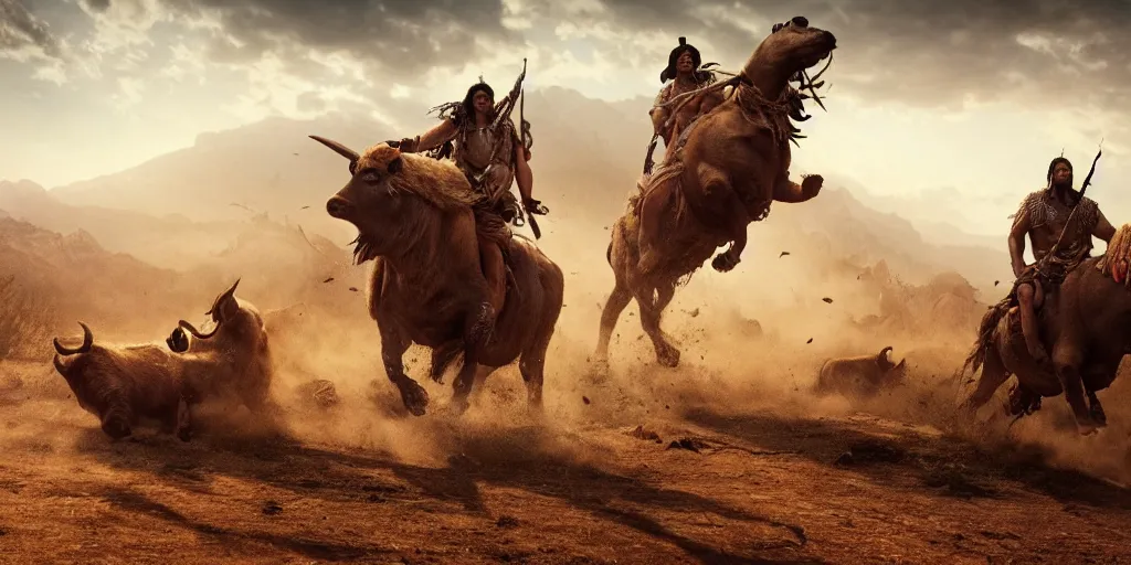 Image similar to indian tribe on wood ATV attacking bisons, action scene, an epic western, dramatic lighting, cinematic, establishing shot, extremely high detail, photorealistic, cinematic lighting, artstation, octane render, old photo, buffalo hunt movie, alpha movie, western