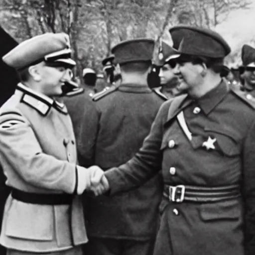 Prompt: third reich officer makes a handshake with a soviet soldier