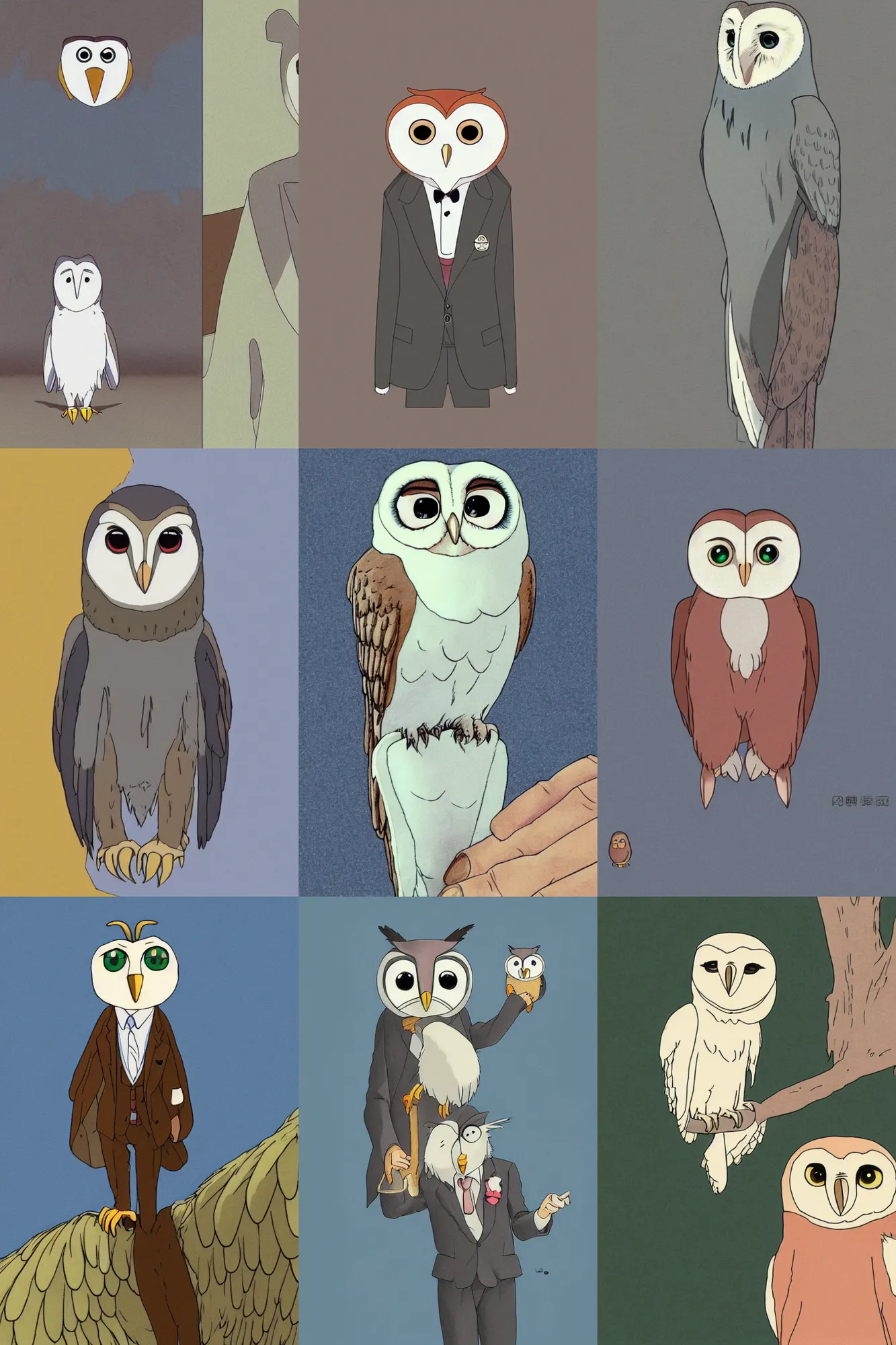 Prompt: a shoot of a cute anthropomorphic barn owl wearing a suit in a Studio Ghibli movie,pencil art by Studio Ghibli,colored by Studio Ghibli,symetric face and body