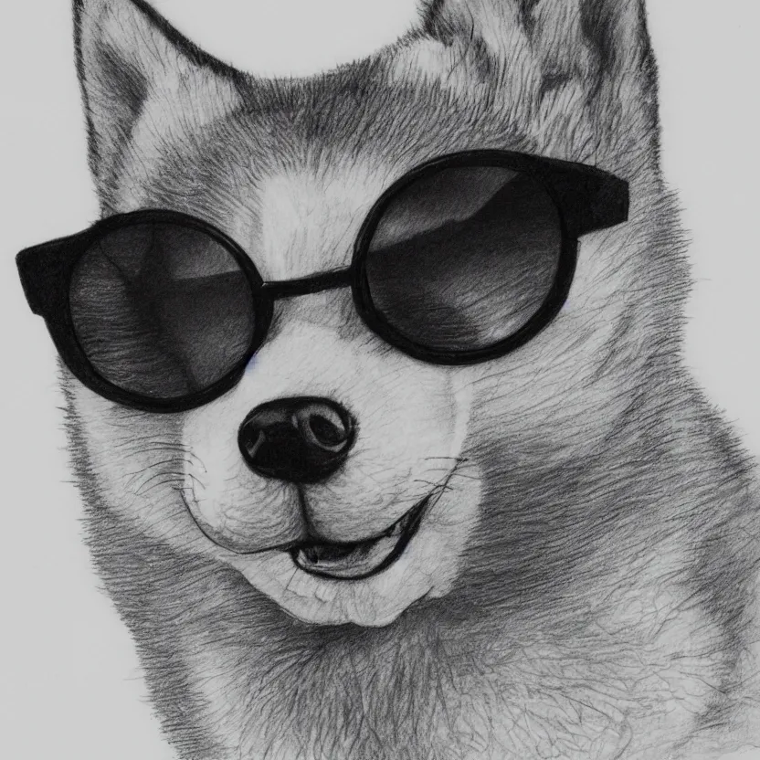 Prompt: a pencil sketch portrait of a shiba inu wearing sunglasses, black and white, white background, fine detail