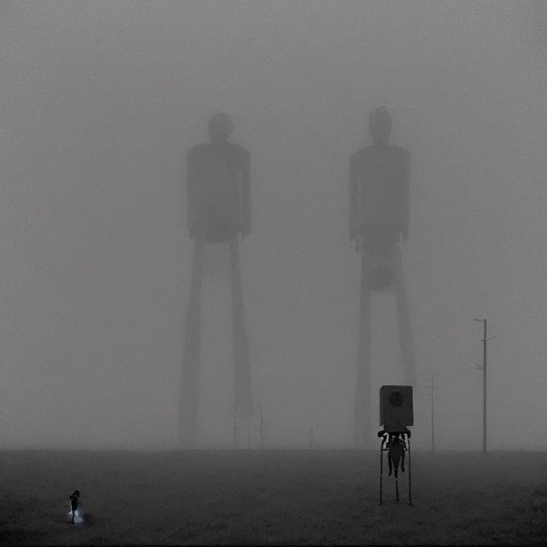 Image similar to the lanky liminal observer droid by dennis mejillones, in a brutalist yet rural landscape by simon stalenhag, 3 5 mm film photography, dawn, eerie fog