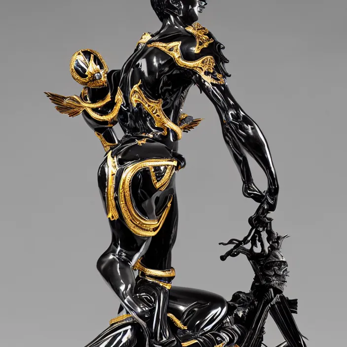 Image similar to fine art statue of masculine black egyptian man on a surrealist motorcycle, ebony art deco, carved black marble, inlaid with ebony and gold accents, ebony rococo, wings black lace wear, spider zero, zaha hadid, beautifully lit, hyper detailed, intricate, elite, ornate, photorealistic, micro details, 3 d sculpture, ray trace