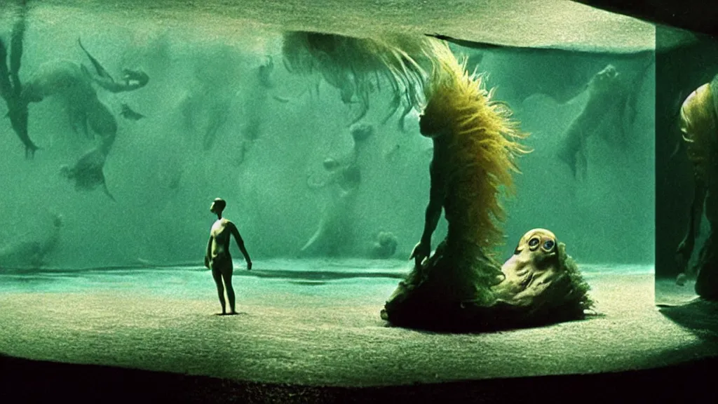 Image similar to the creature swims, water caustics, film still from the movie directed by denis villeneuve and david cronenberg with art direction by salvador dali and dr. seuss