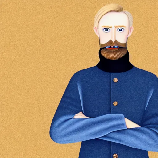 Image similar to A slender, awkward british man, with short blond hair and a very short blond beard wearing a corduroy jacket and turtleneck , blue eyes, pale skin, English heritage, digital art, cartoon, mid-shot, 8k