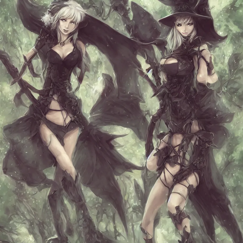 Prompt: fantasy rogue female, witch hat, forest, anime art