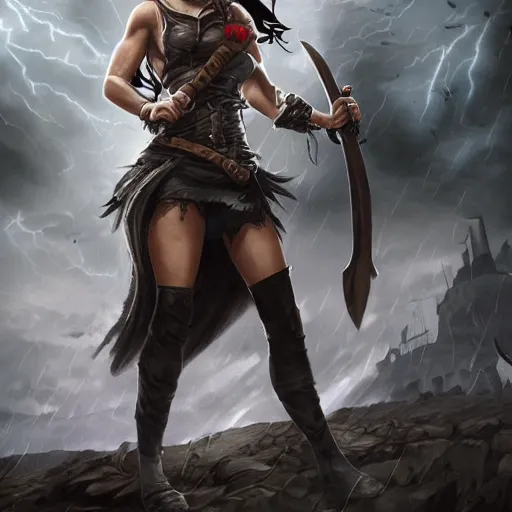 Image similar to a strong pirate woman in a sleeveless vest, angry, black lines running up her arms like veins, fighting, holding an axe of shadows, storm clouds in the background, long dark hair, character art, full body art, Dungeons and Dragons, D&D, trending on artstation, artgerm, 4k ultra hd, sharp focus, digital art by Ilya Kuvshinov and Ross Tran,