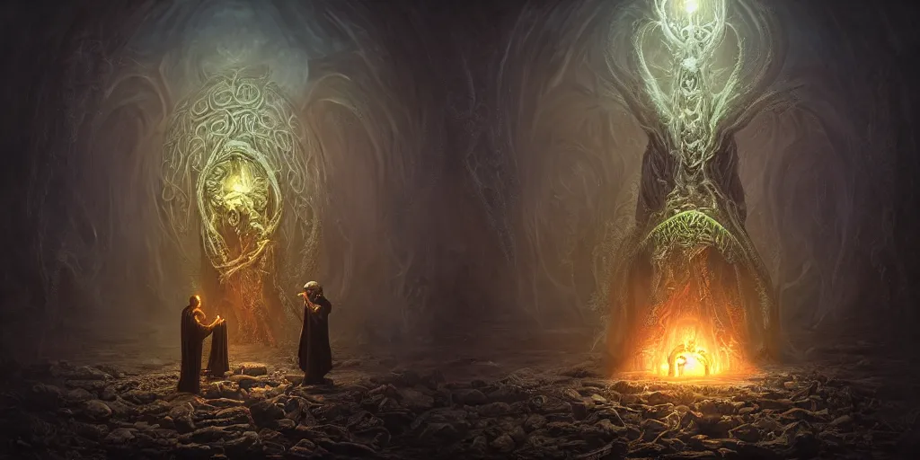 Image similar to ! dream 4 k photorealistic matte painting photography of circle group of necromancer priest in an invoking ritual in front of a viscosity cthulhu within a lovecraft portal, wide - angle portrait, atmospheric lighting, rich deep colors masterpiece, fractal crystals, fantasy portrait by tom bagshaw