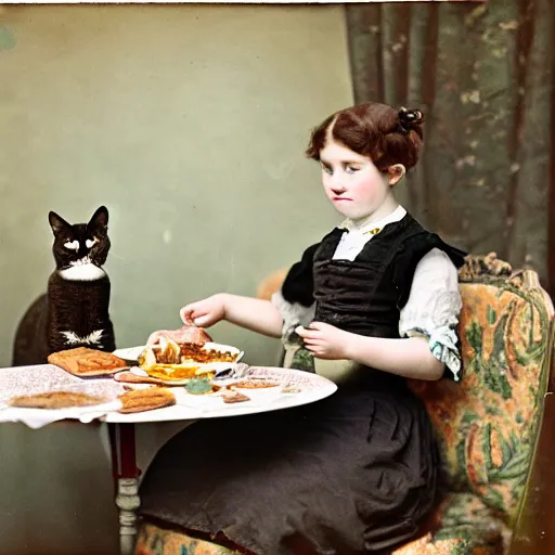 Image similar to a girl has breakfast with her cat at the table filled with food, flowery wallpaper, 1 8 8 0 s style, professional photography, color