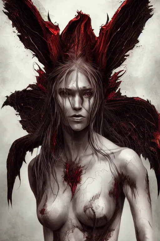 Image similar to character design, female wraith rising from ember ashes, tattered demonic wings, ultra detailed, digital art, 8k ,character ,realistic, portrait, hyperrealistic