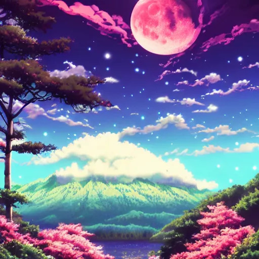 Prompt: anime key visual of a beautiful moonlit forest lake surrounded by flowers, with mountains in the background, cumulonimbus clouds in the sky, night time, anime style