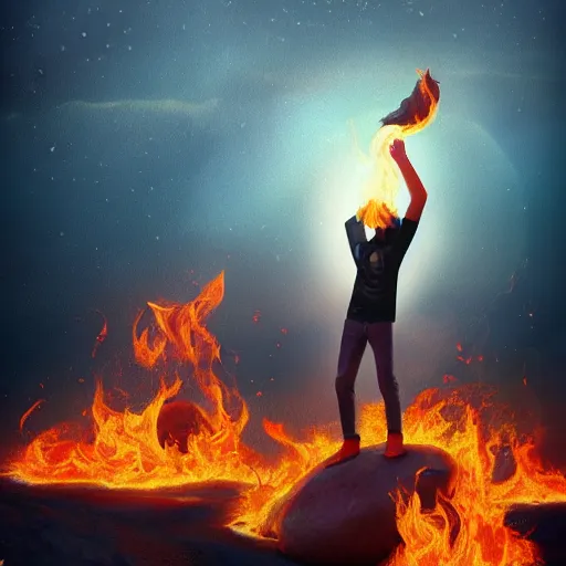 Prompt: All the little hopes and dreams that you've acquired they weigh you down and now you're burning in the fire, high quality, 8k, trending on Artstation, beautiful, surreal