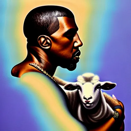 Prompt: a painting of kanye west holding a lamb, side - view, afrofuturistic, ambient, dreamy, by filip hodas and alphonse mucha, detailed facial features, detailed hands, extremely intricate, rendered in blender