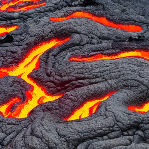 Prompt: cooling lava flow shaped like contorted human bodies, souls of the damned, volcanic island, dreadful implications, magma, lava, volcano.